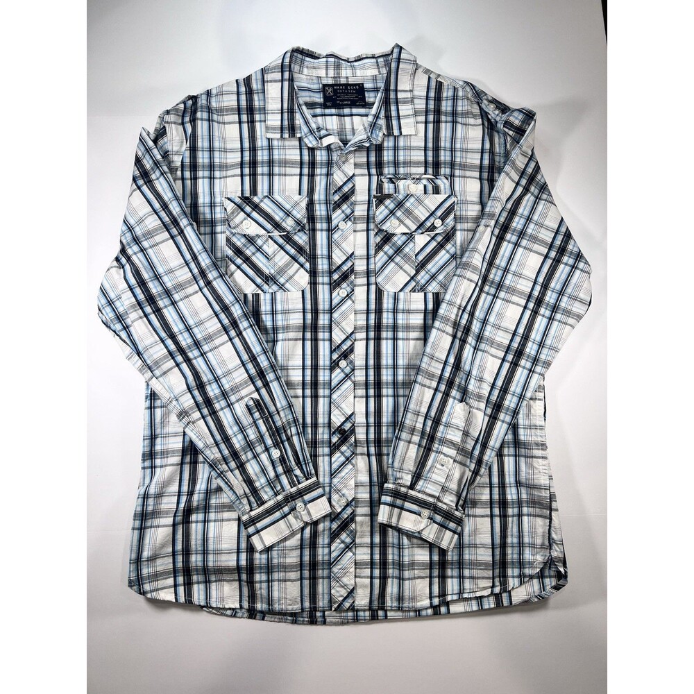 MARC ECKO CUT & SEW White W/ blue & Black Plaid LS Shirt XL Y2K Vtg 90’s Preppy